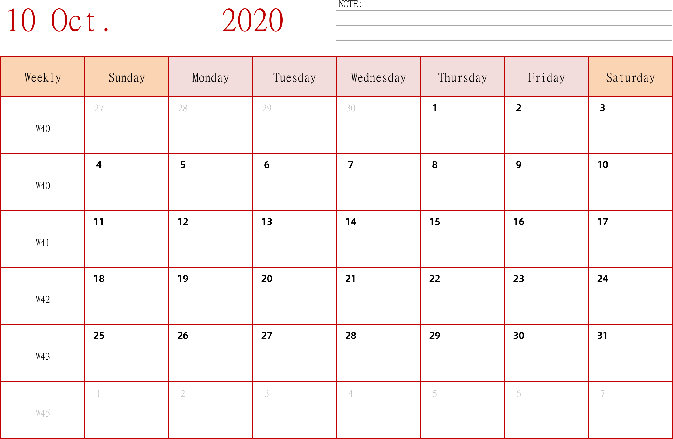 日历表2020年日历 英文版 横向排版 周日开始 带周数